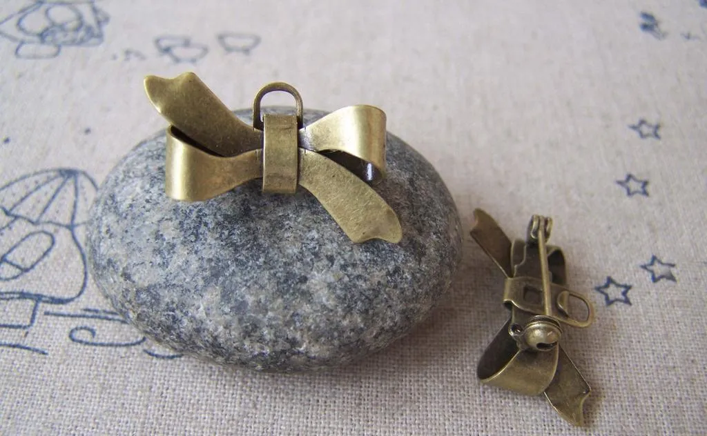 10 pcs Antique Bronze Bow Safety Pin Brooch 17x28mm A4525