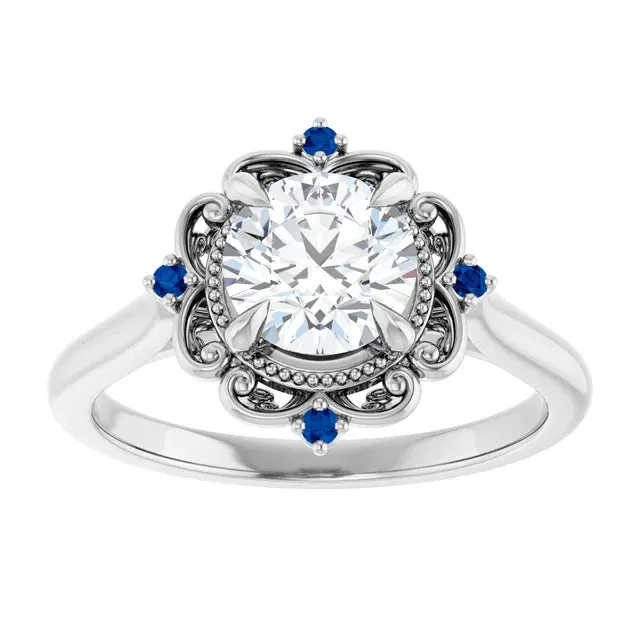 14K White Gold 1 CT Round Lab-Grown Diamond and Blue Sapphire Floral Engagement Ring