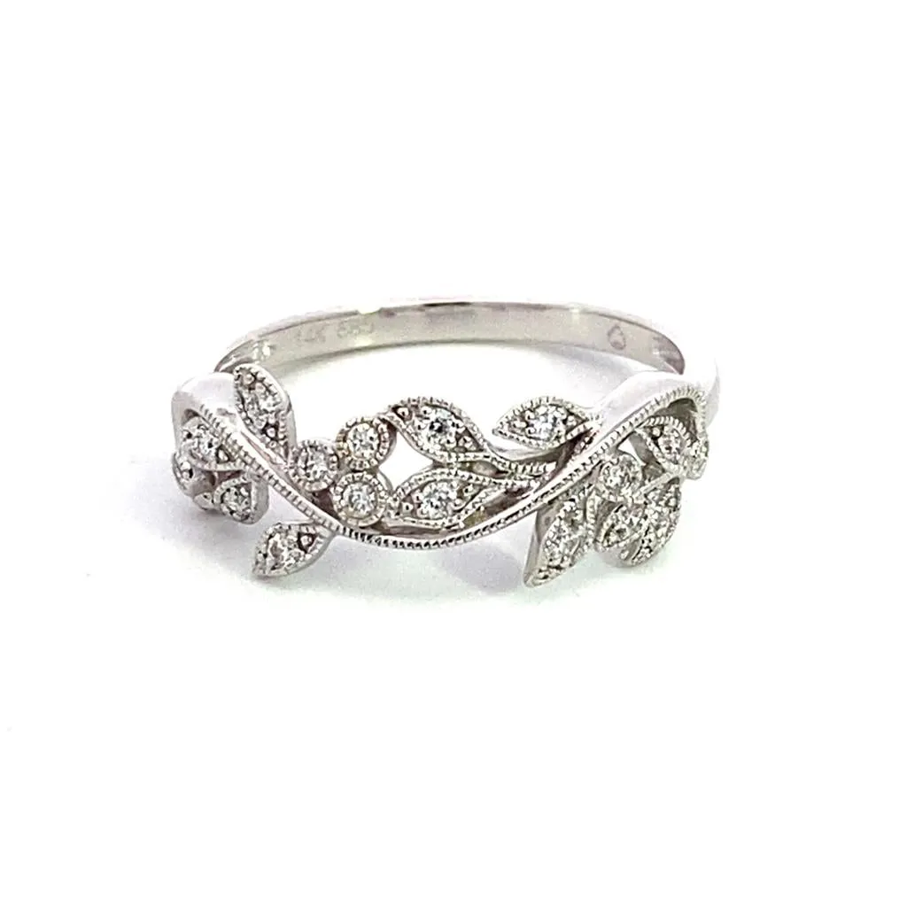 14K White Gold Leaf Motif Stackable Natural Diamonds Ring