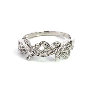 14K White Gold Leaf Motif Stackable Natural Diamonds Ring