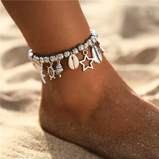 17KM Bohemian Starfish Stone Anklets Set For Women Vintage Handmade Wave Anklet Bracelet on Leg Beach Ocean Jewelry 2018