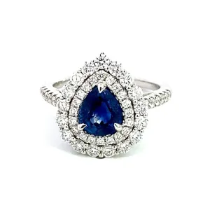 18K White Gold Double Diamond Halo Sapphire Ring