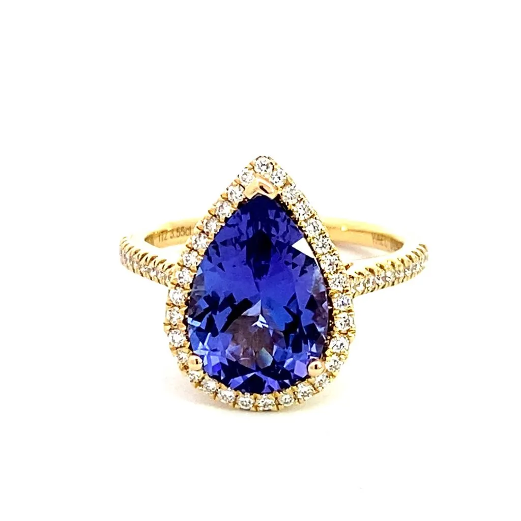 18K Yellow Gold Diamond Halo Pear Tanzanite Ring