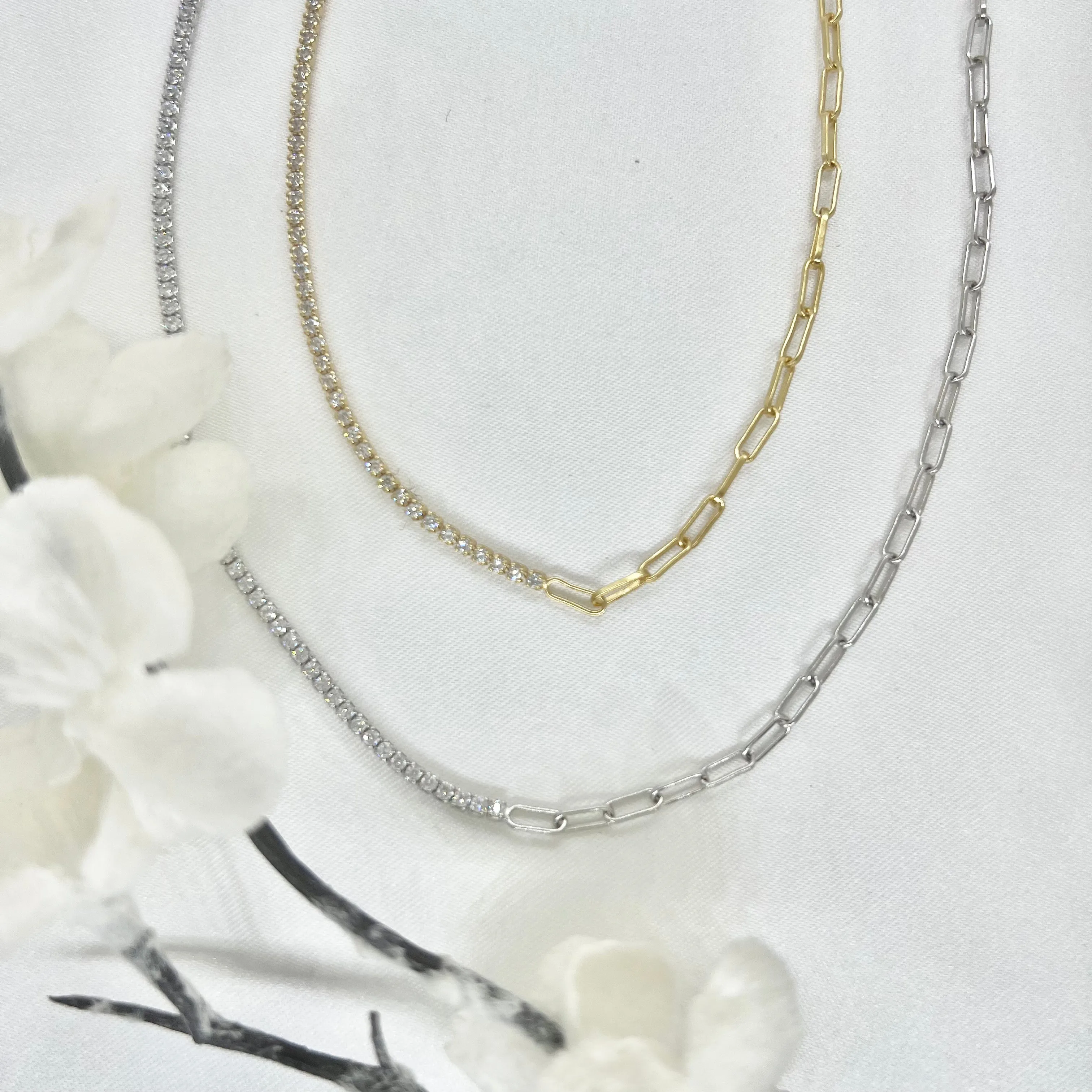 18k/925 Vermeil Half Paperclip Half Cubic Zirconia Necklace