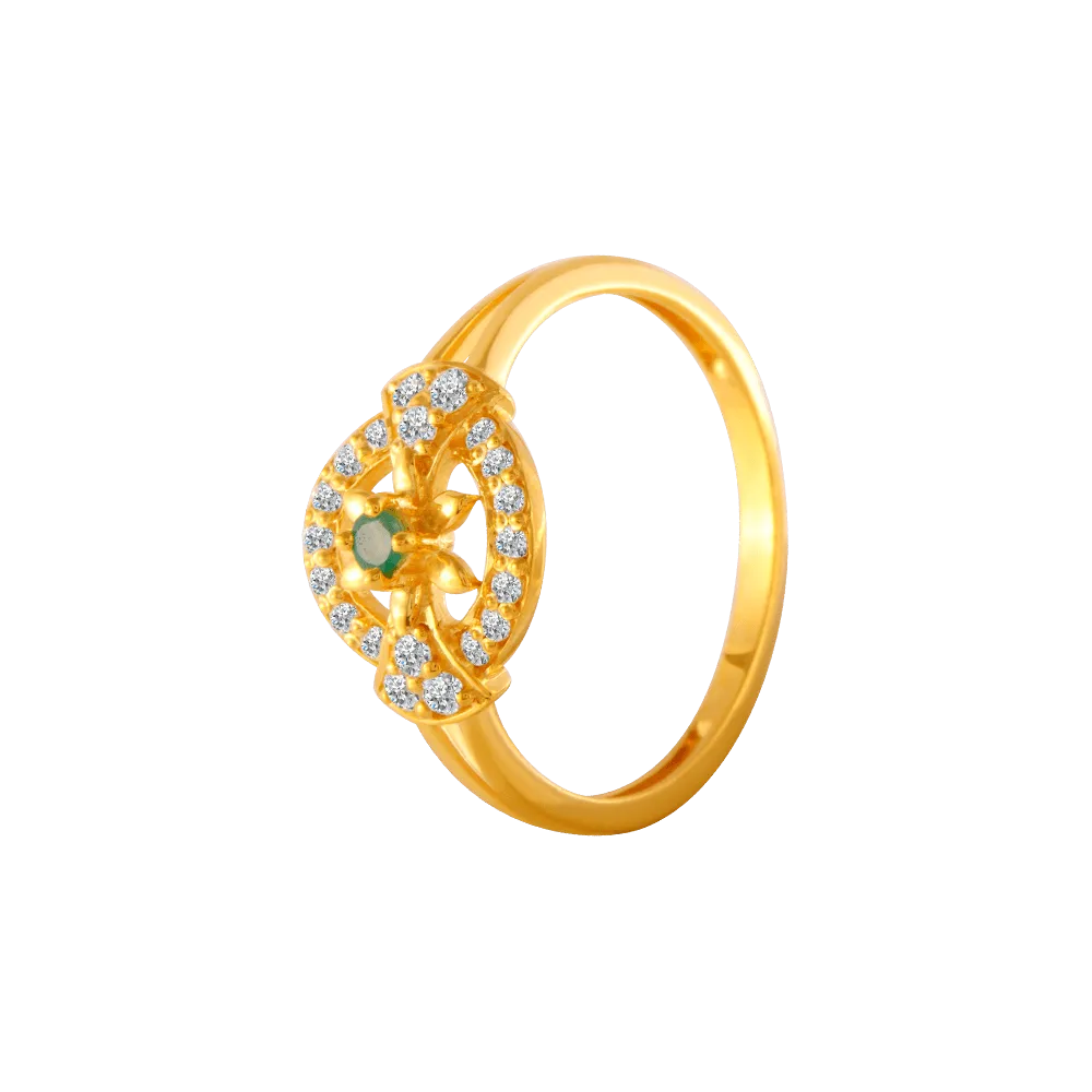 22KT Yellow Gold, American Diamond And Emerald Ring For Women