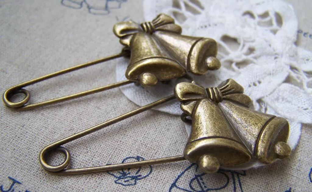 6 pcs Antique Bronze Jingle Bell Safety Pins Broochs A2882