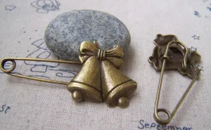 6 pcs Antique Bronze Jingle Bell Safety Pins Broochs A2882
