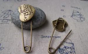 6 pcs Antique Bronze Love Heart Safety Pin Brooch Findings A2952