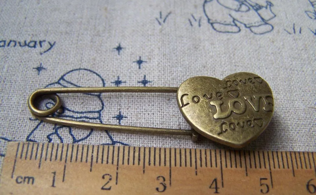 6 pcs Antique Bronze Love Heart Safety Pin Brooch Findings A2952