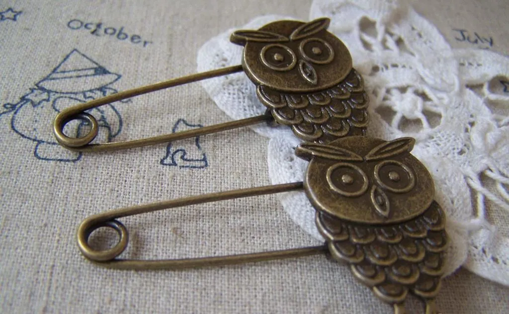 6 pcs Antique Bronze Owl Safety Pins Broochs 11x50mm A4252