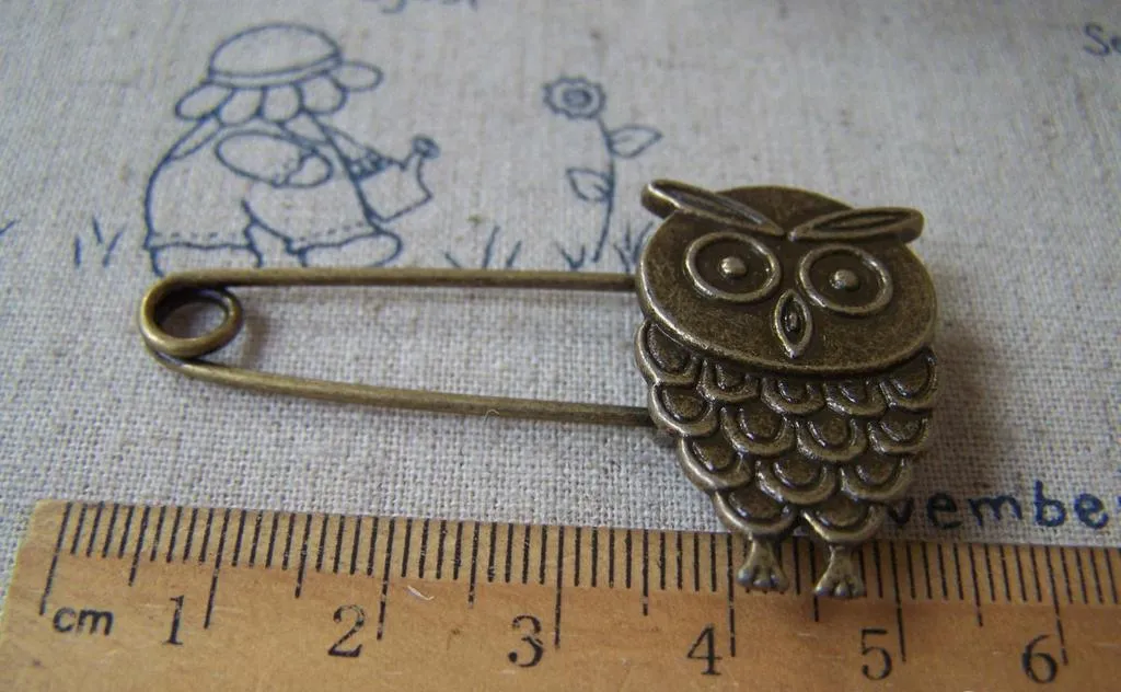 6 pcs Antique Bronze Owl Safety Pins Broochs 11x50mm A4252