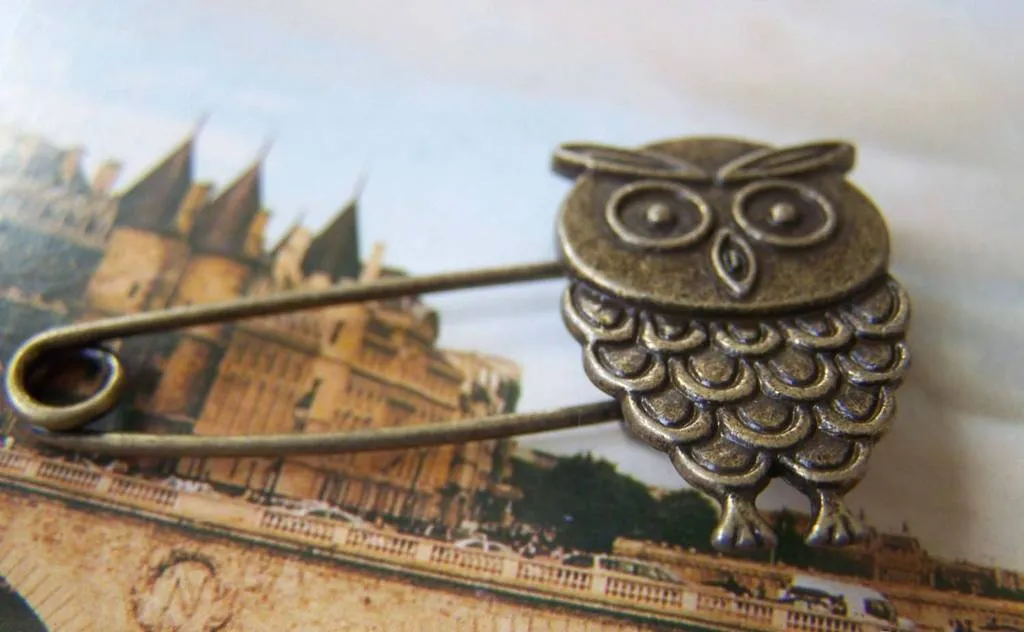 6 pcs Antique Bronze Owl Safety Pins Broochs 11x50mm A4252