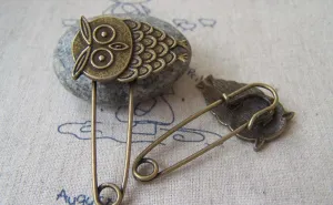 6 pcs Antique Bronze Owl Safety Pins Broochs 11x50mm A4252