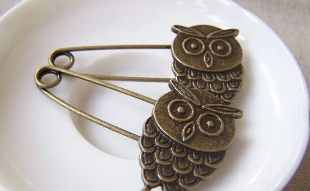 6 pcs Antique Bronze Owl Safety Pins Broochs 11x50mm A4252