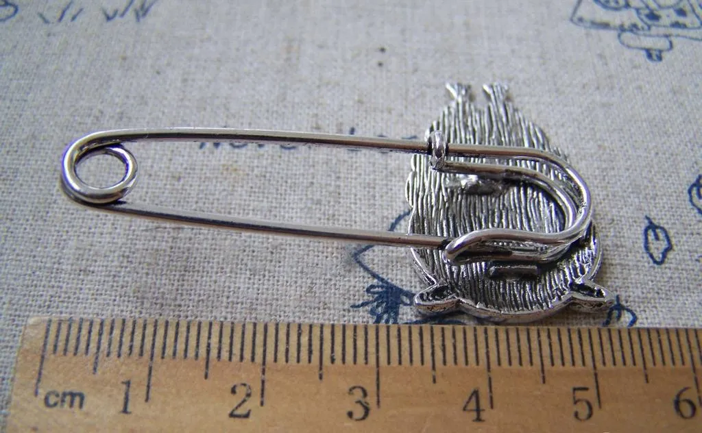 6 pcs Antique Silver Owl Safety Pins Broochs 11x50mm A2883