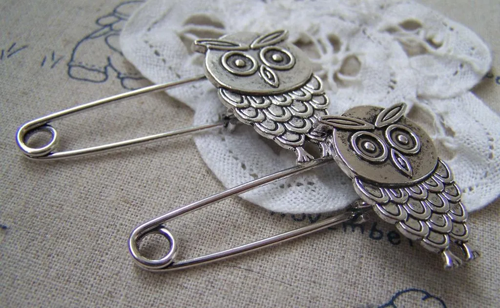 6 pcs Antique Silver Owl Safety Pins Broochs 11x50mm A2883