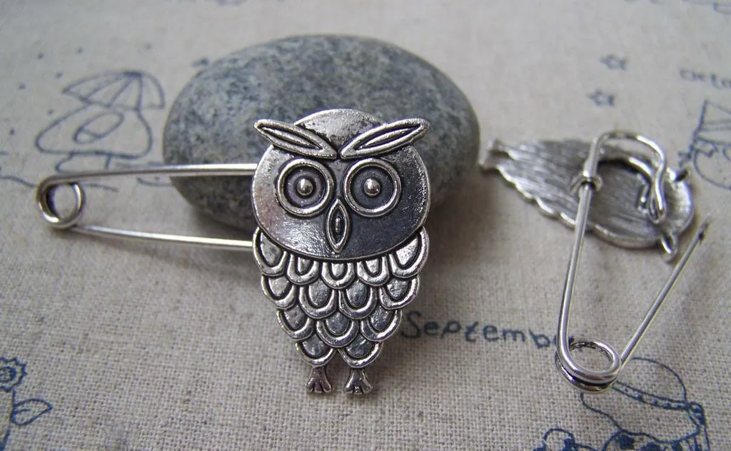 6 pcs Antique Silver Owl Safety Pins Broochs 11x50mm A2883