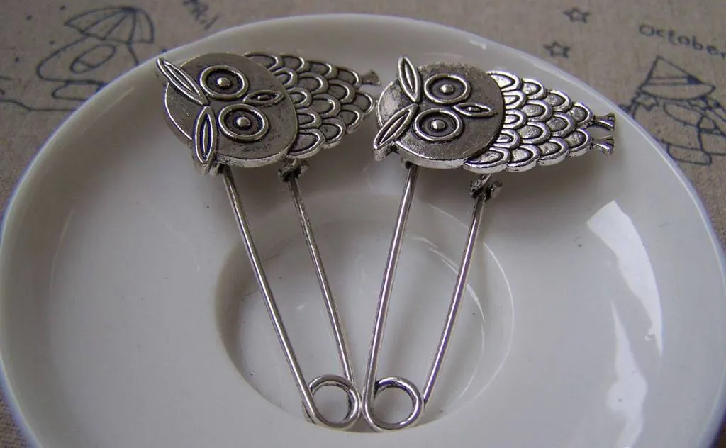 6 pcs Antique Silver Owl Safety Pins Broochs 11x50mm A2883