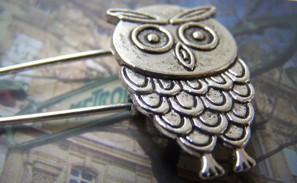 6 pcs Antique Silver Owl Safety Pins Broochs 11x50mm A2883