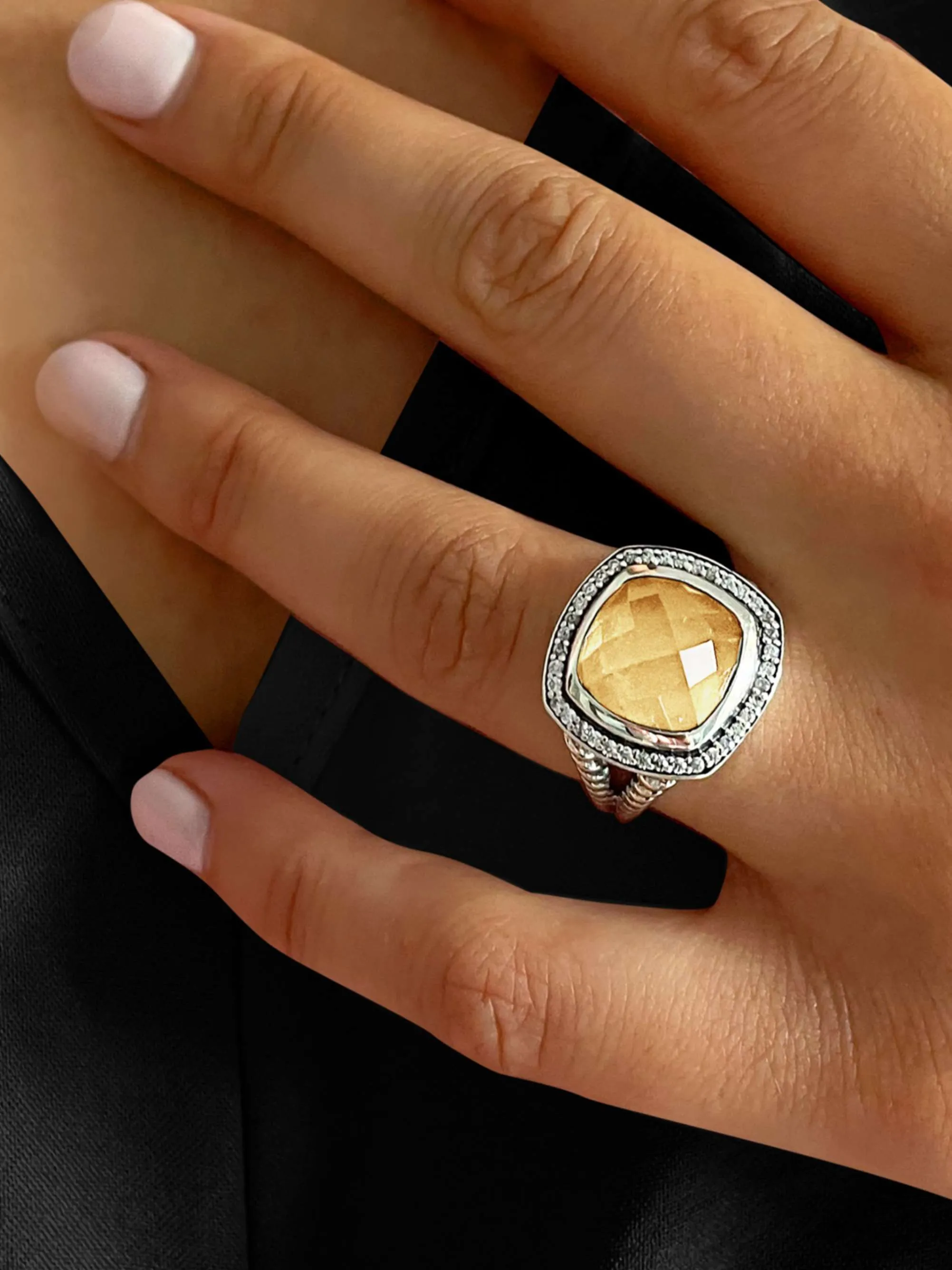 925 Silver Plated Silver Ring Assembled with Citrine