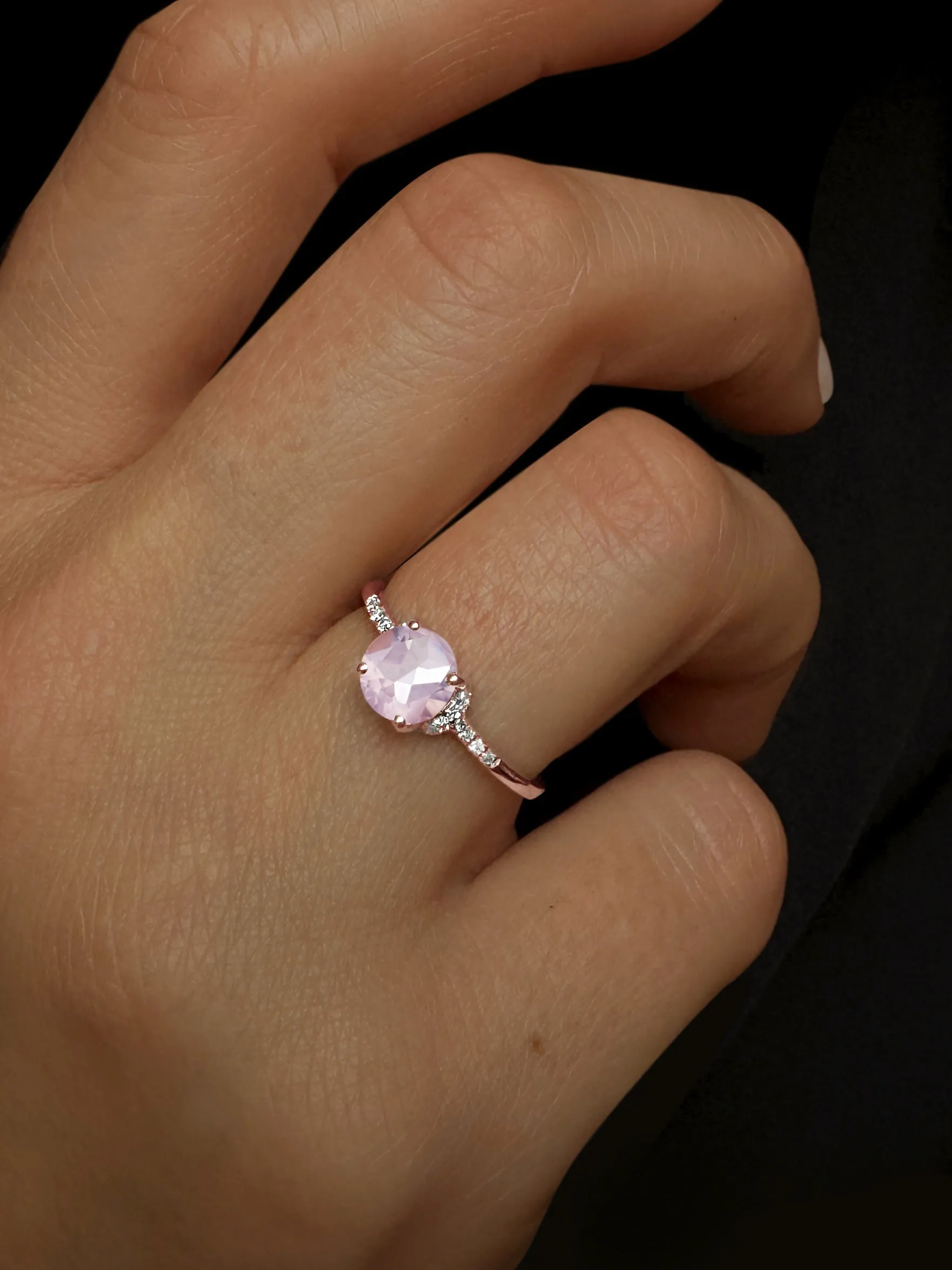 9k Rose Gold Ring Set with HSI Diamond and Rose Quartz