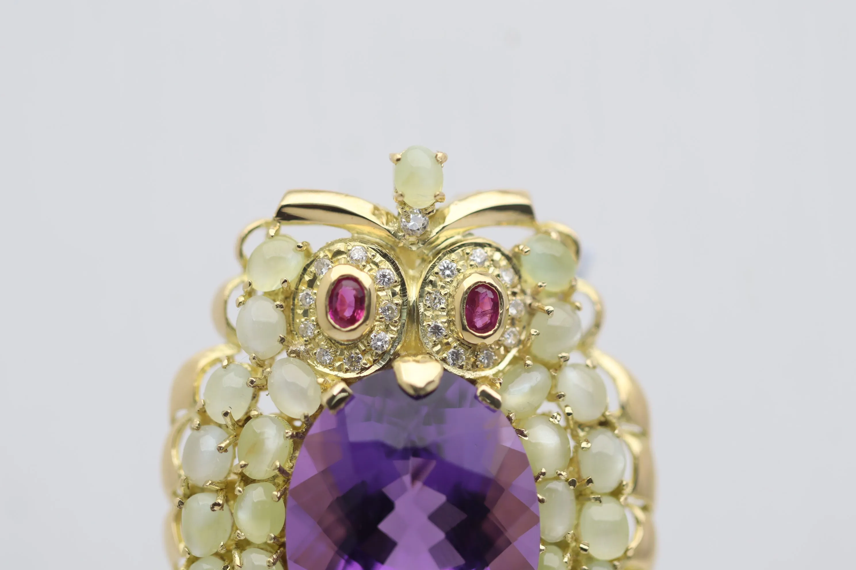Amethyst Cats Eye Chrysoberyl Diamond Ruby Gold Owl Brooch