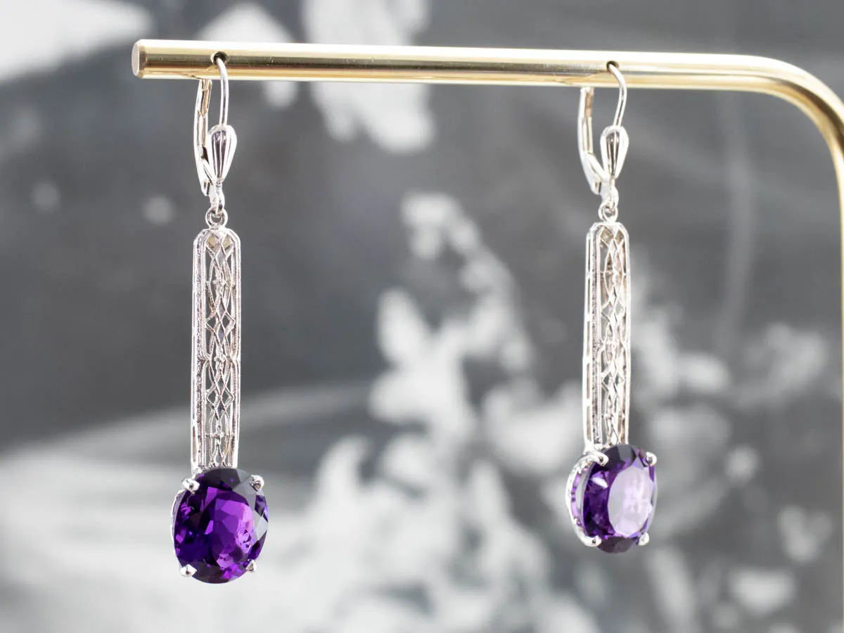 Amethyst Filigree Drop Earrings in White Gold