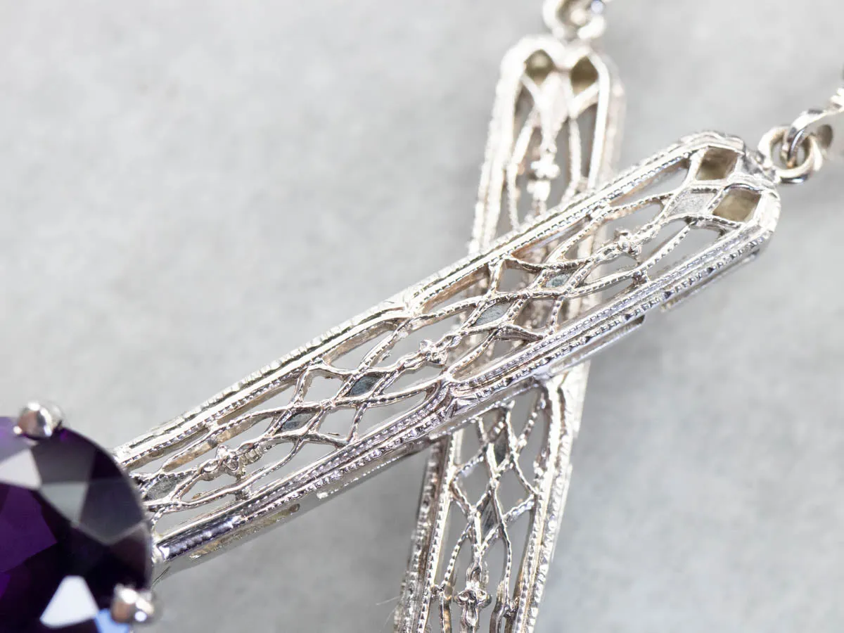 Amethyst Filigree Drop Earrings in White Gold