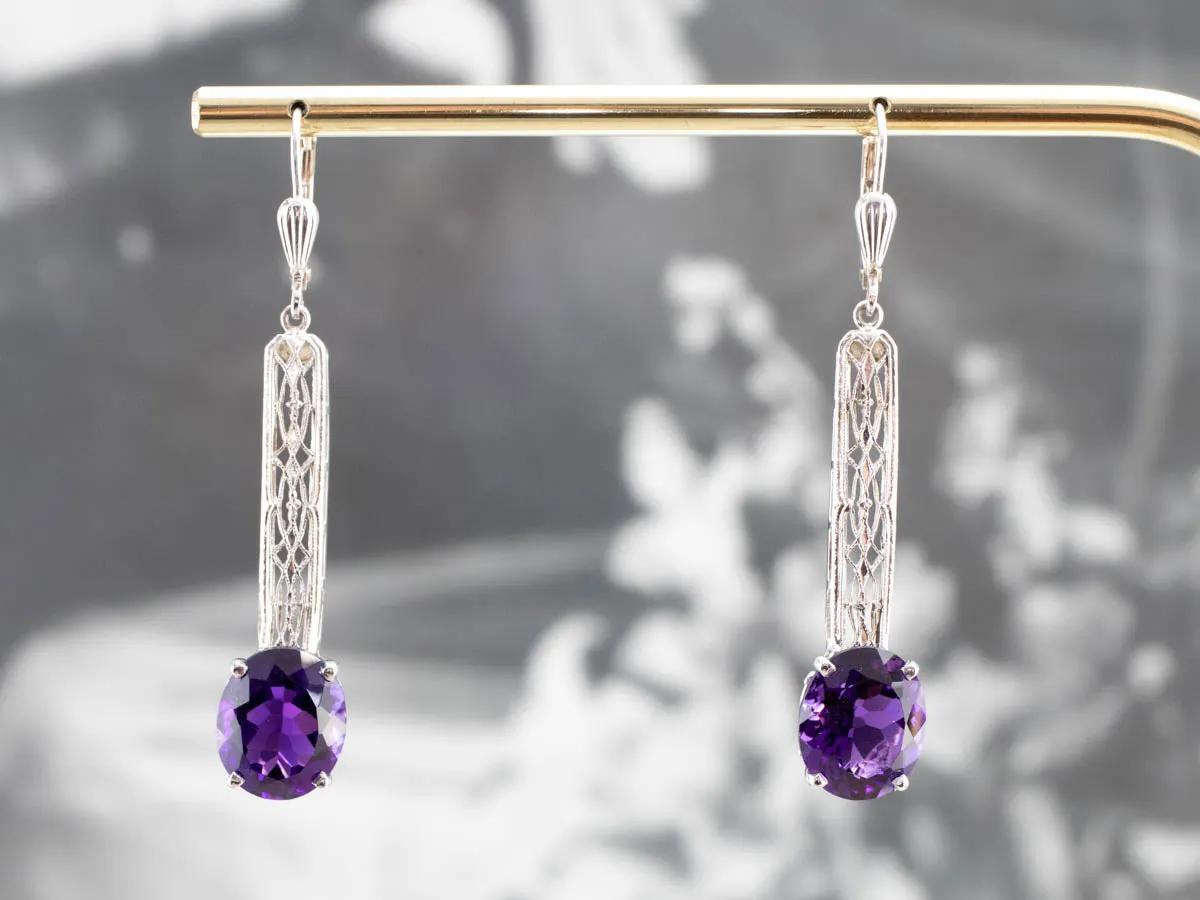 Amethyst Filigree Drop Earrings in White Gold