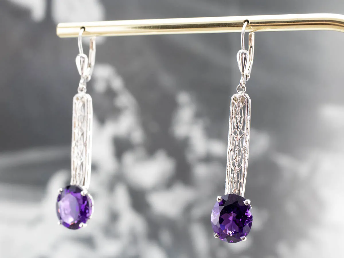 Amethyst Filigree Drop Earrings in White Gold
