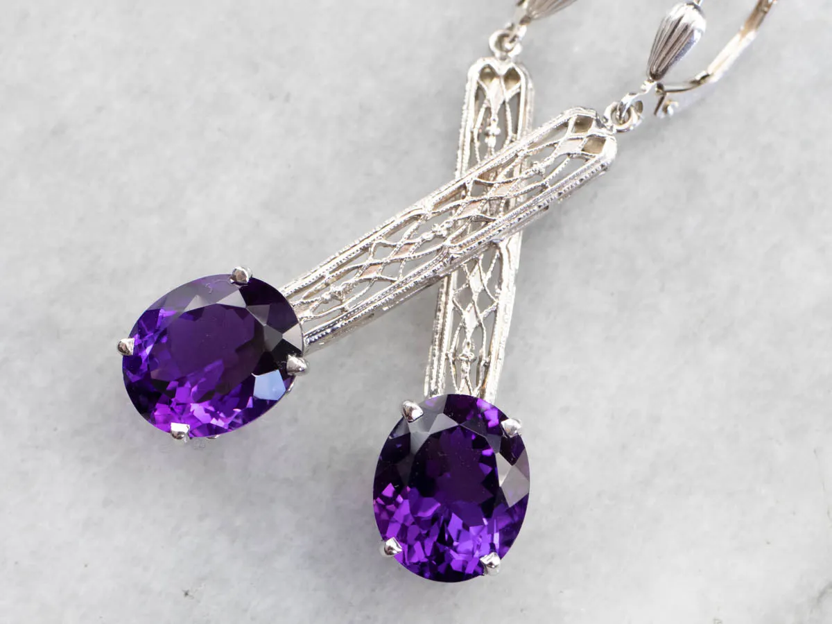 Amethyst Filigree Drop Earrings in White Gold