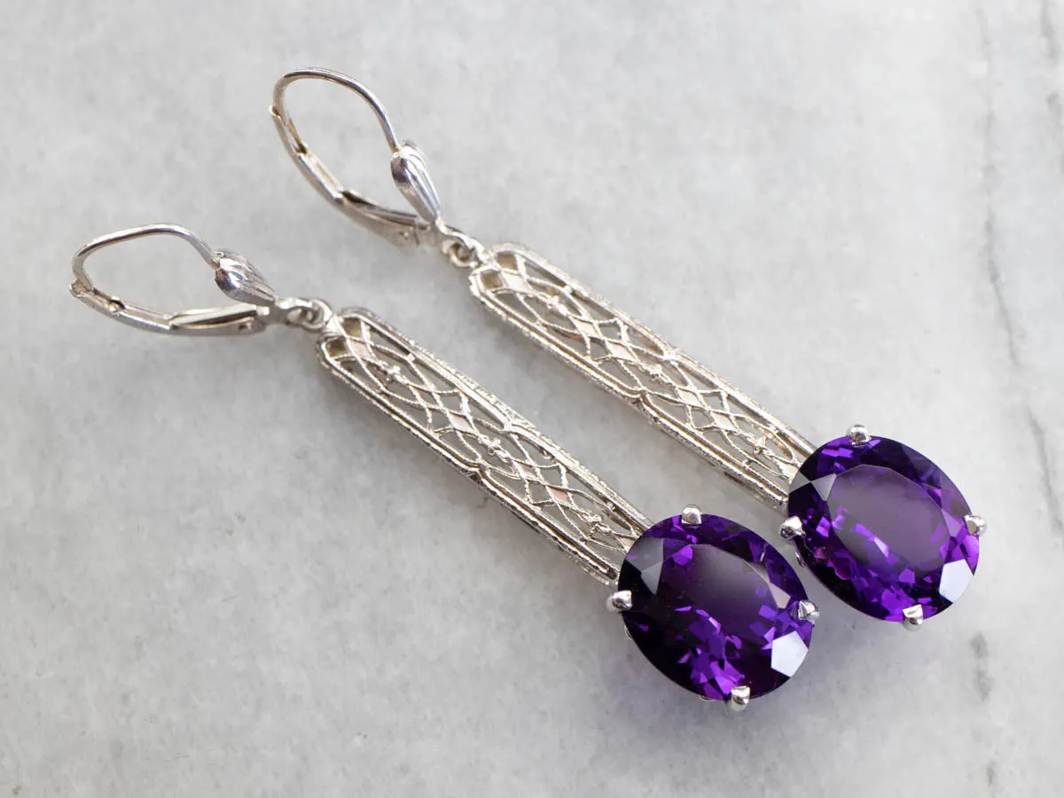 Amethyst Filigree Drop Earrings in White Gold