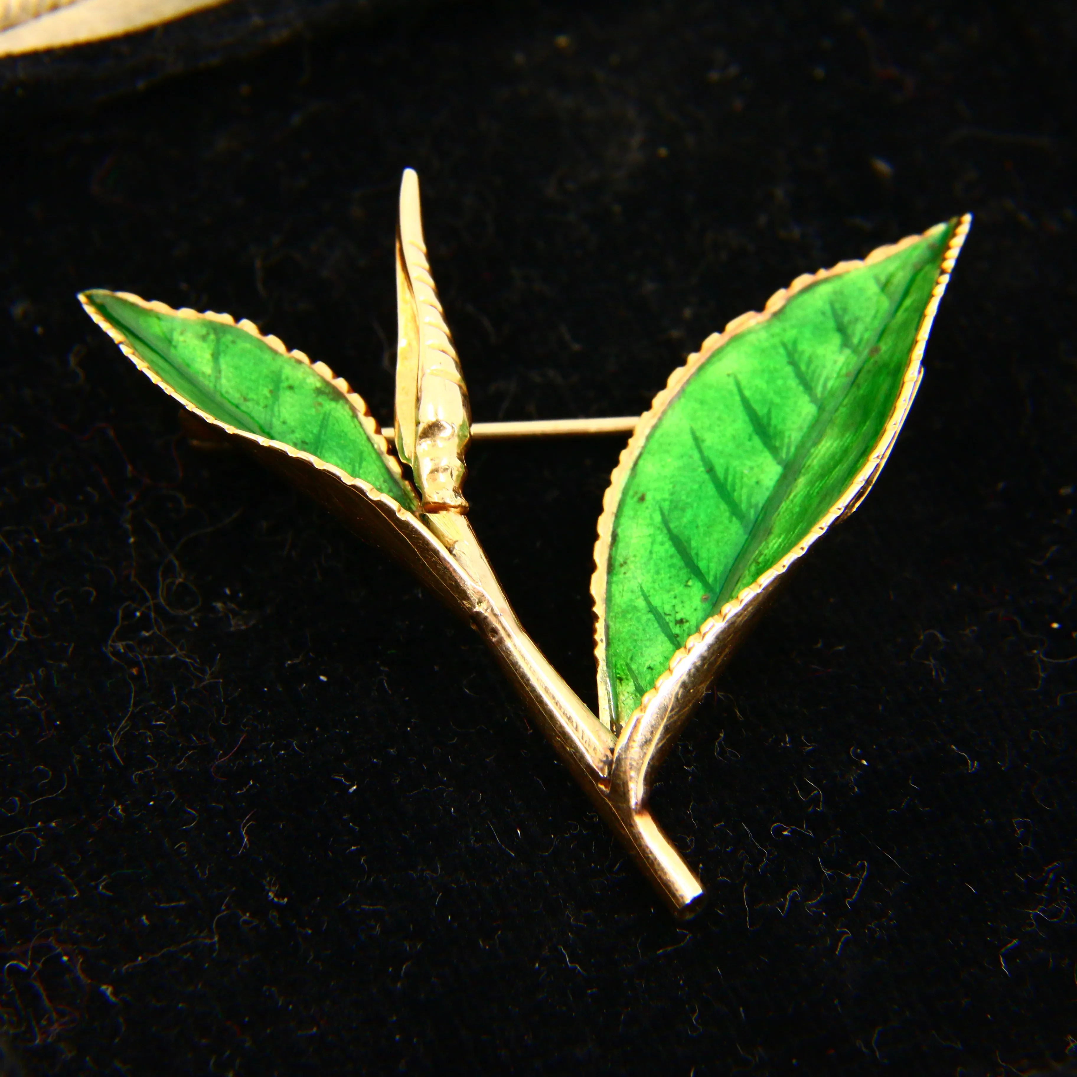 Antique 15ct Gold Enamelled Leaf Brooch Hallmarked Tree Branch Yellow Gold Boxed