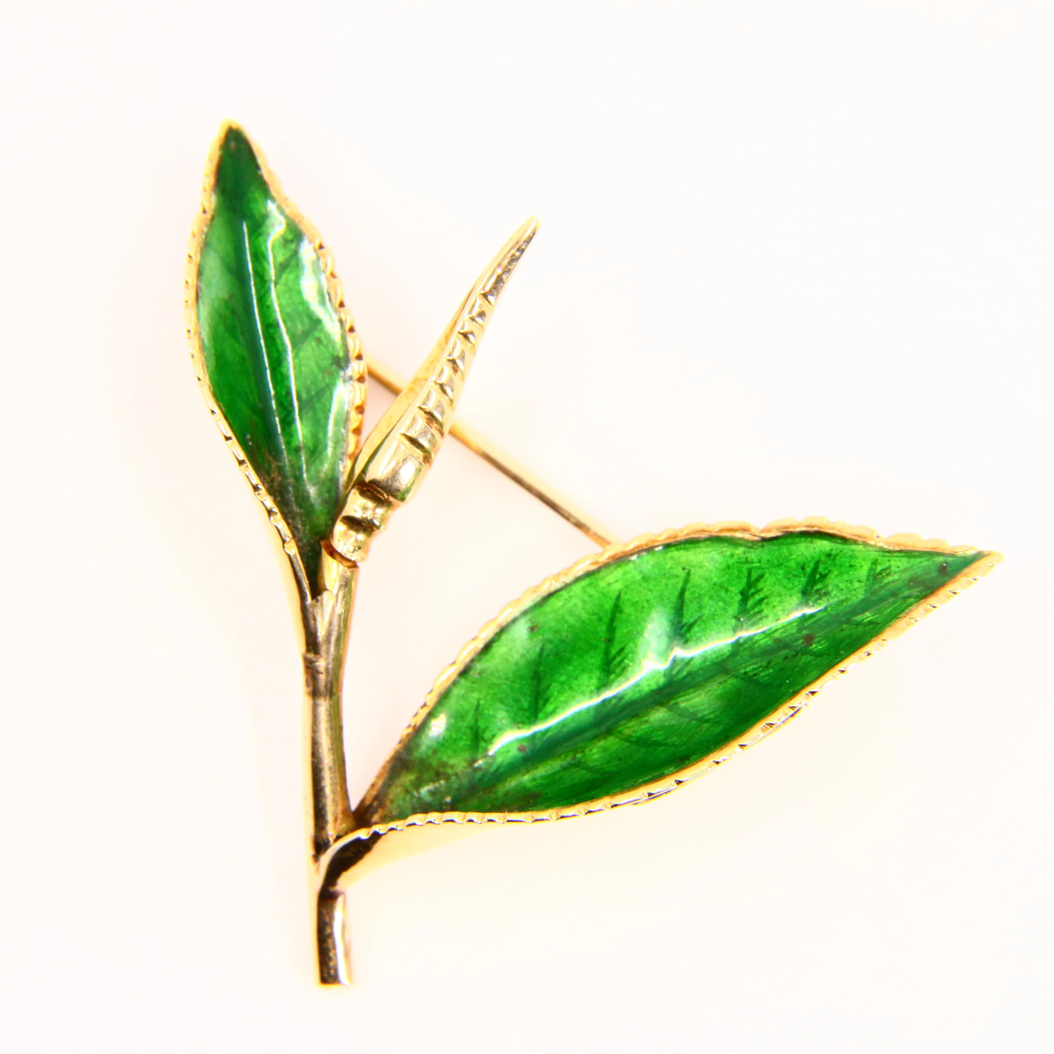 Antique 15ct Gold Enamelled Leaf Brooch Hallmarked Tree Branch Yellow Gold Boxed