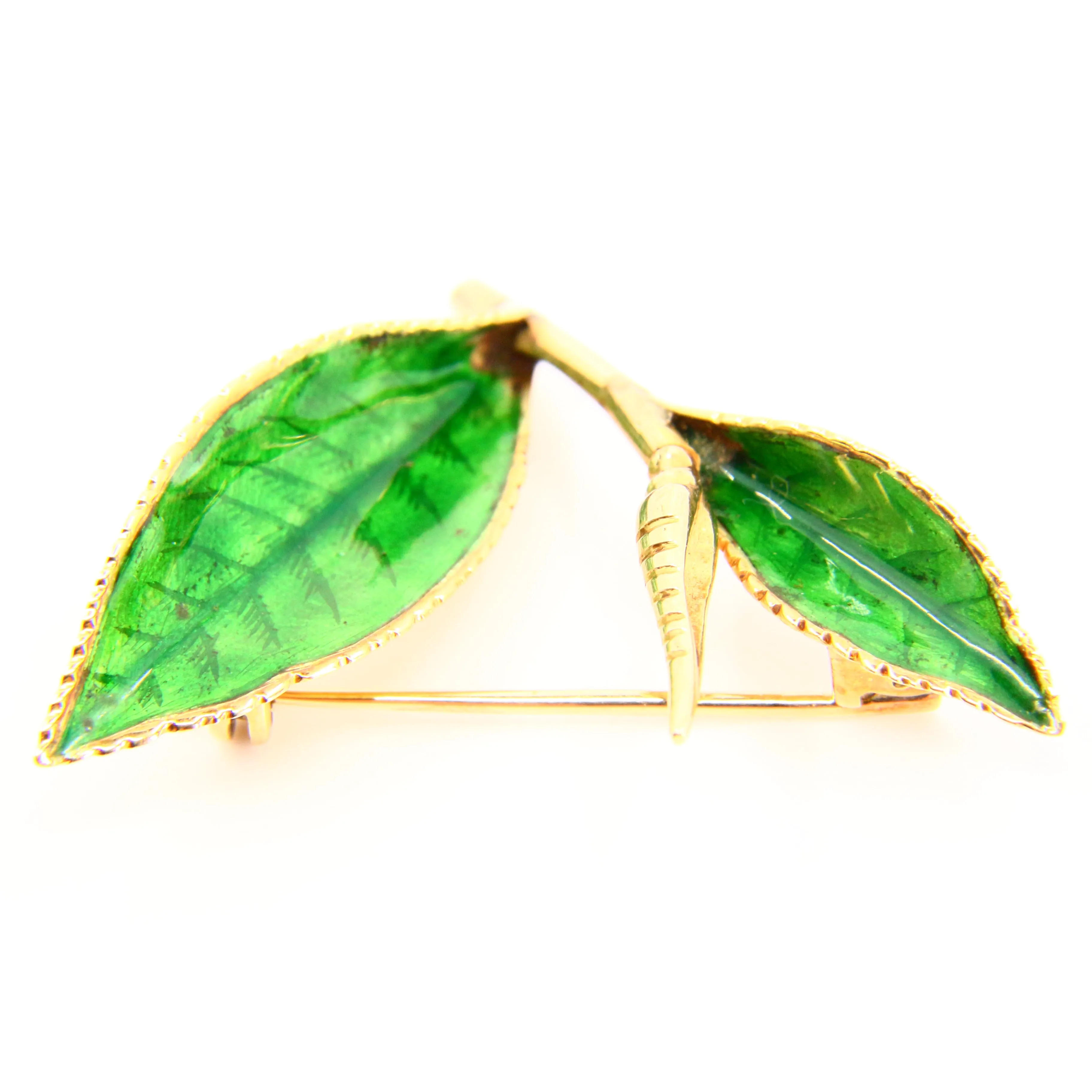 Antique 15ct Gold Enamelled Leaf Brooch Hallmarked Tree Branch Yellow Gold Boxed