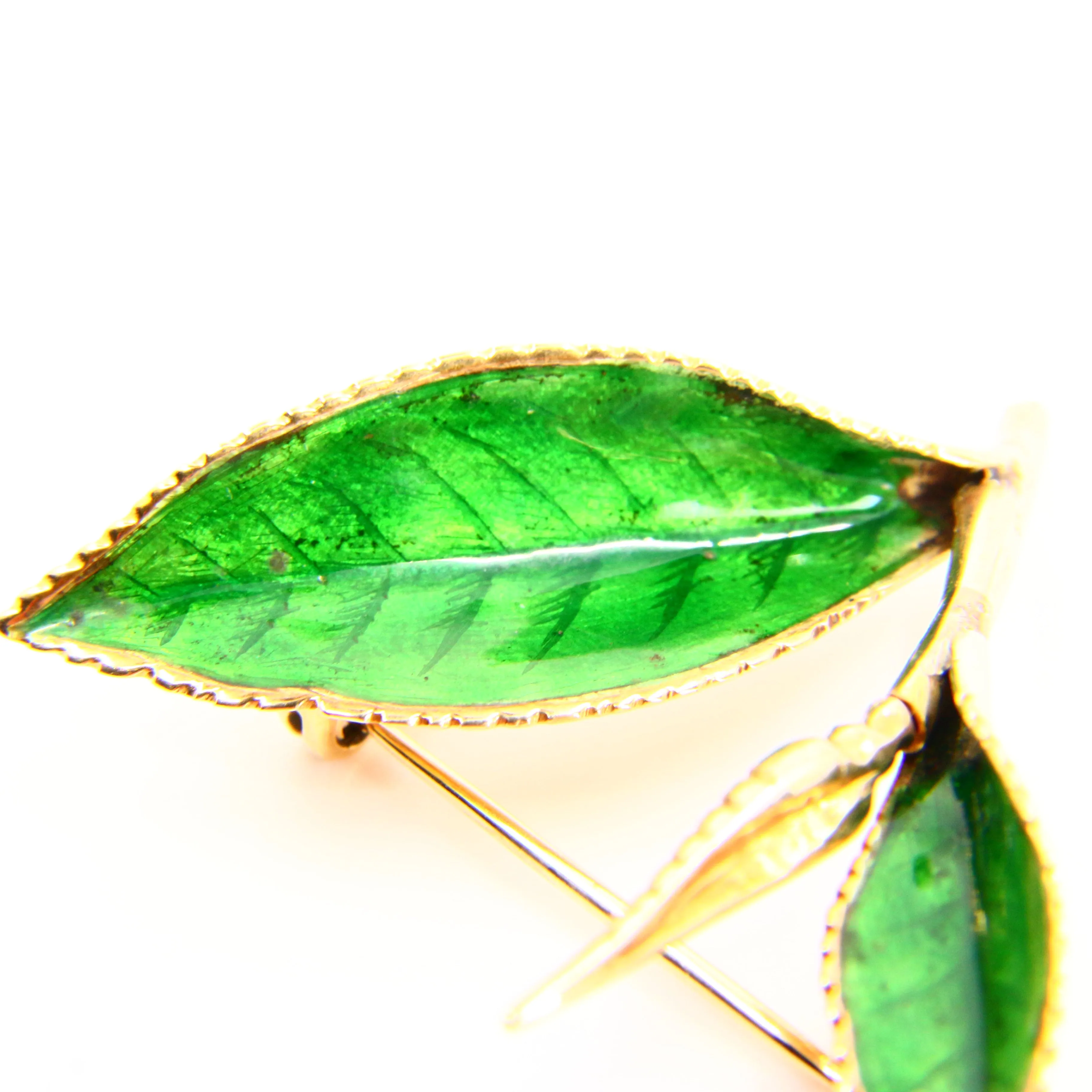 Antique 15ct Gold Enamelled Leaf Brooch Hallmarked Tree Branch Yellow Gold Boxed