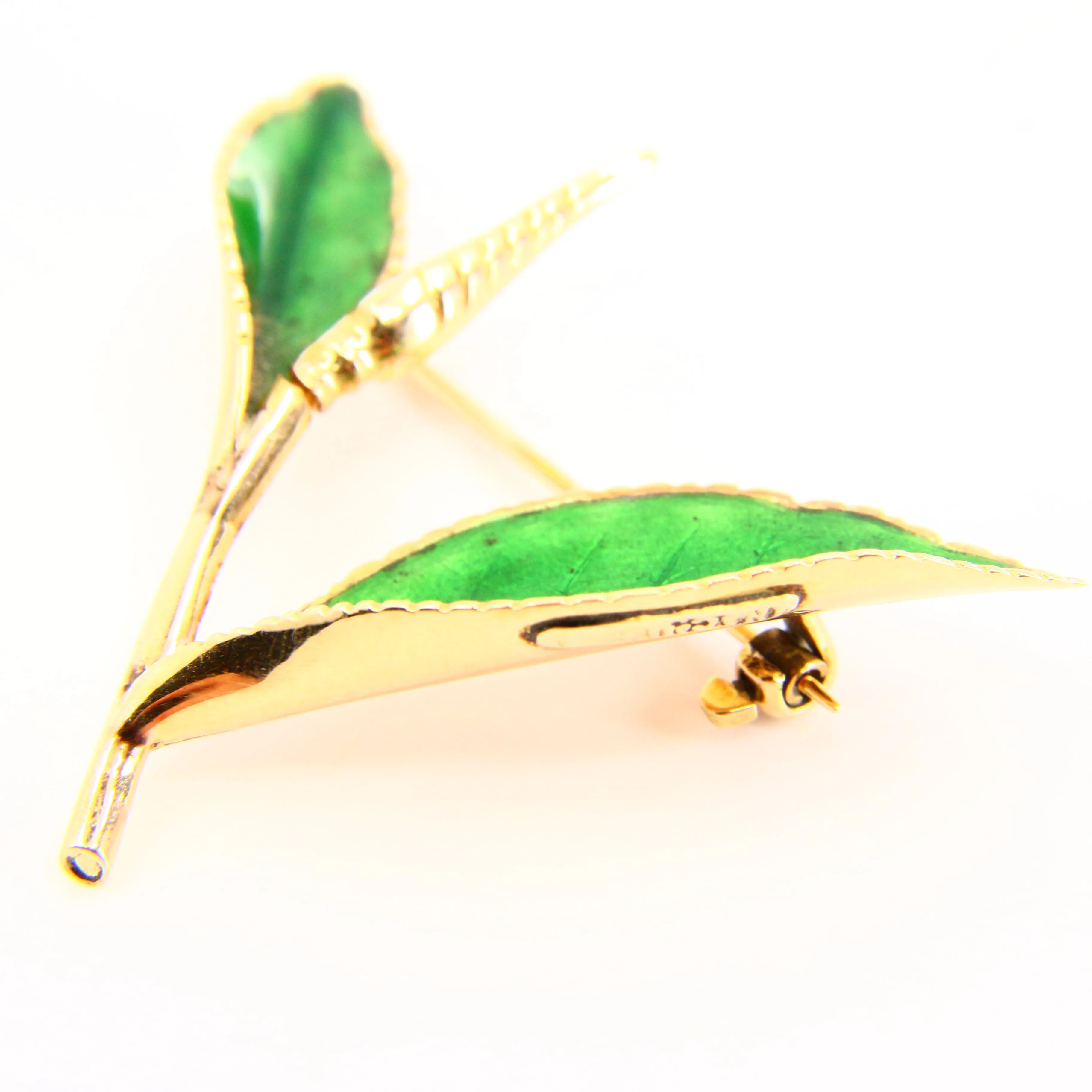 Antique 15ct Gold Enamelled Leaf Brooch Hallmarked Tree Branch Yellow Gold Boxed