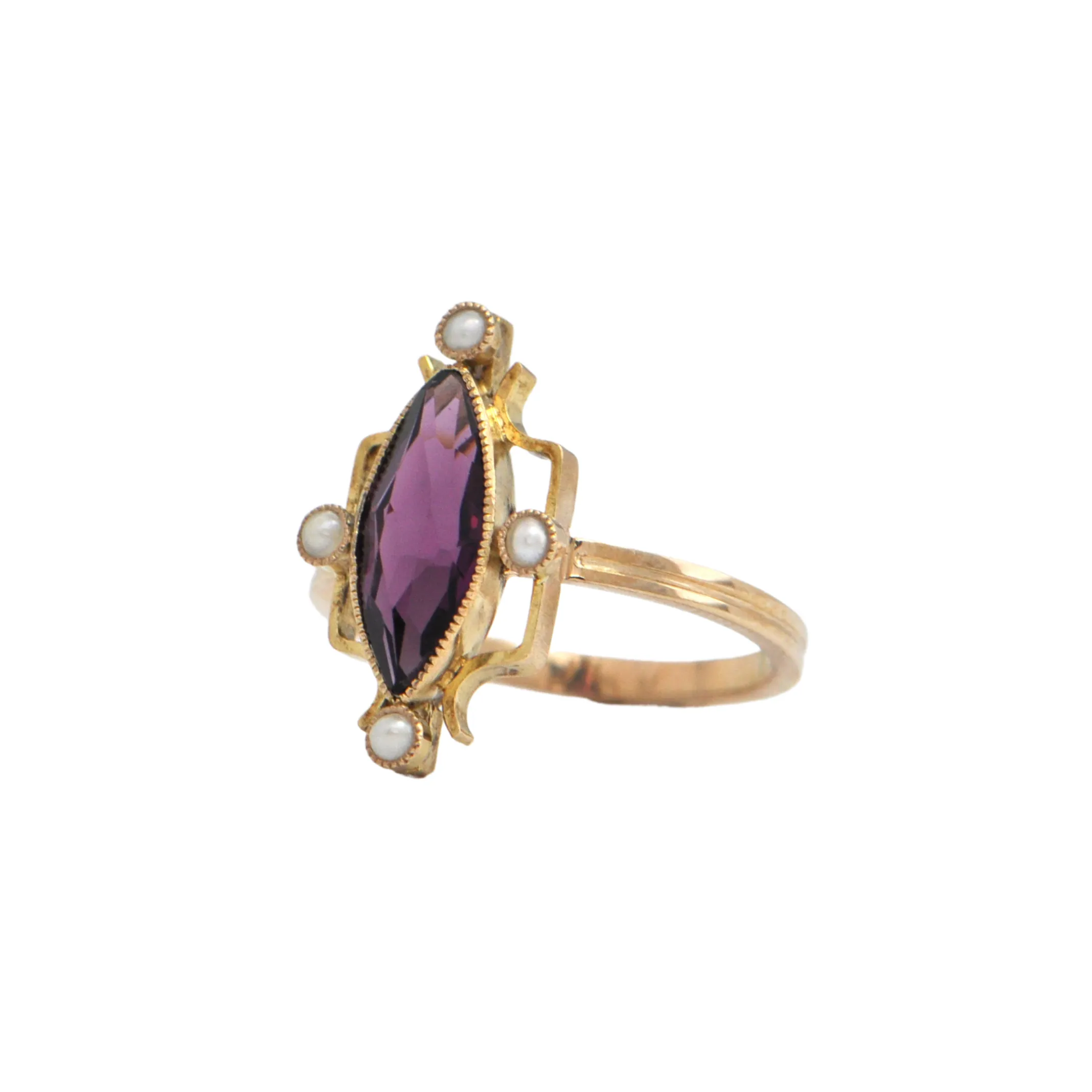 Antique Art Deco 9k Amethyst and Seed Pearl Stickpin Ring Circa 1920-30