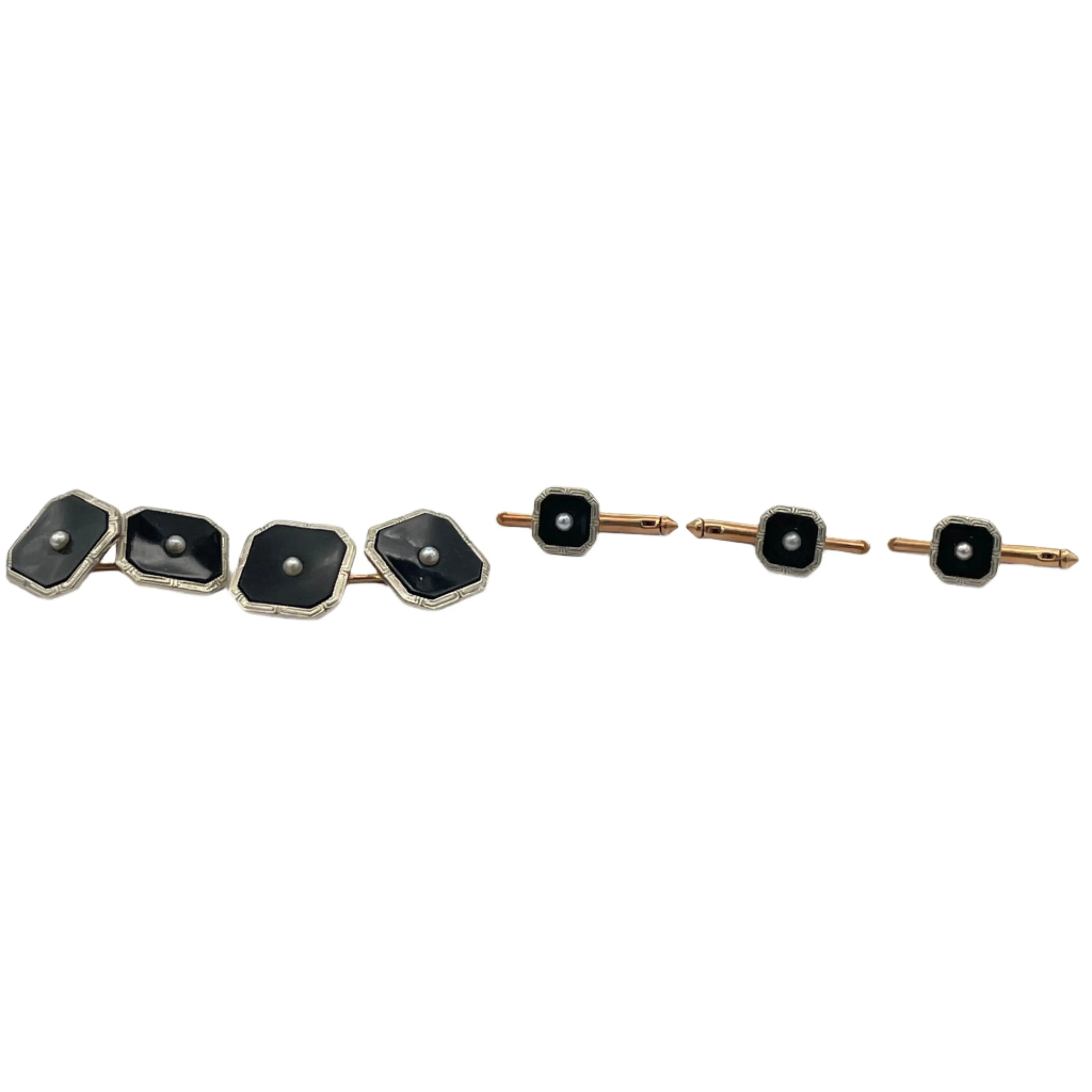 Antique Art Deco Onyx and Pearl 10k Gold Men's Shirt Button and Cufflink Set