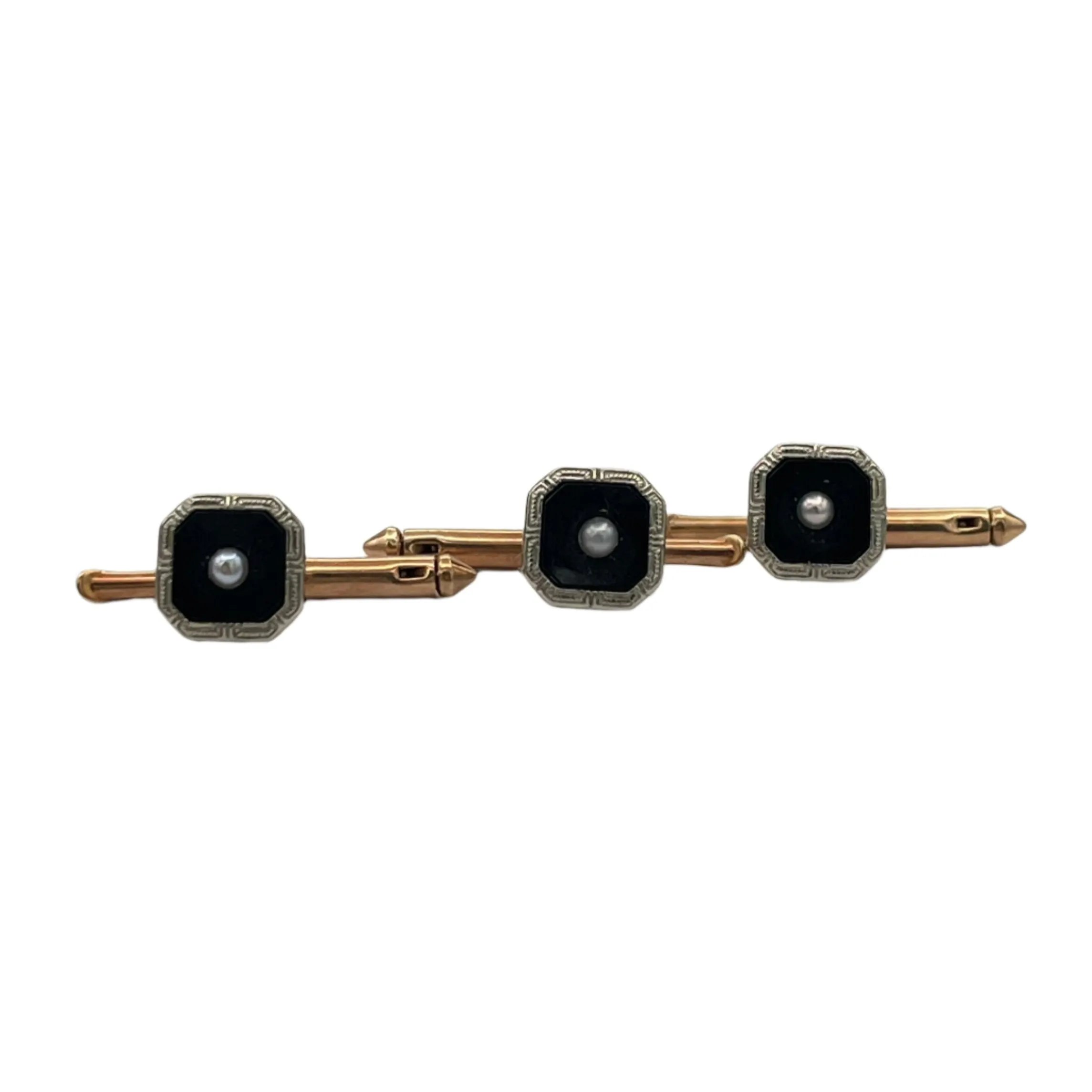 Antique Art Deco Onyx and Pearl 10k Gold Men's Shirt Button and Cufflink Set