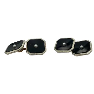 Antique Art Deco Onyx and Pearl 10k Gold Men's Shirt Button and Cufflink Set