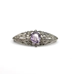 Antique Arts and Crafts Era Genuine Earth Mined Amethyst and Marcasite Brooch Pin In Sterling Silver