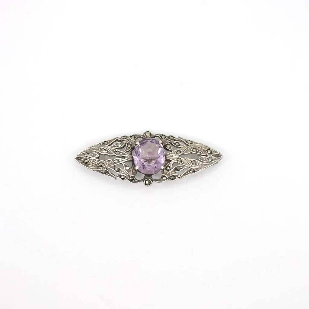 Antique Arts and Crafts Era Genuine Earth Mined Amethyst and Marcasite Brooch Pin In Sterling Silver