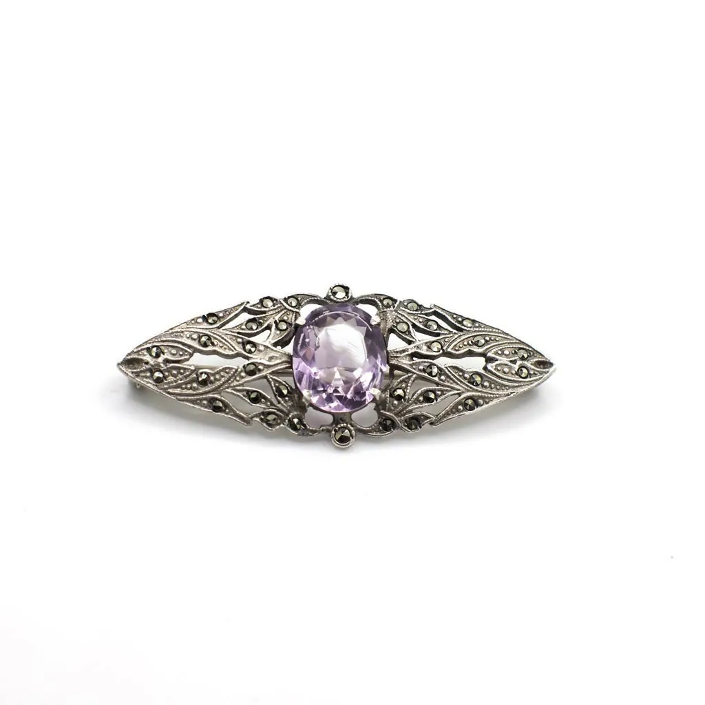Antique Arts and Crafts Era Genuine Earth Mined Amethyst and Marcasite Brooch Pin In Sterling Silver