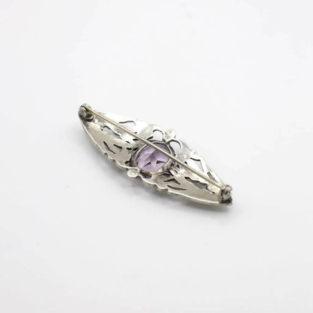 Antique Arts and Crafts Era Genuine Earth Mined Amethyst and Marcasite Brooch Pin In Sterling Silver