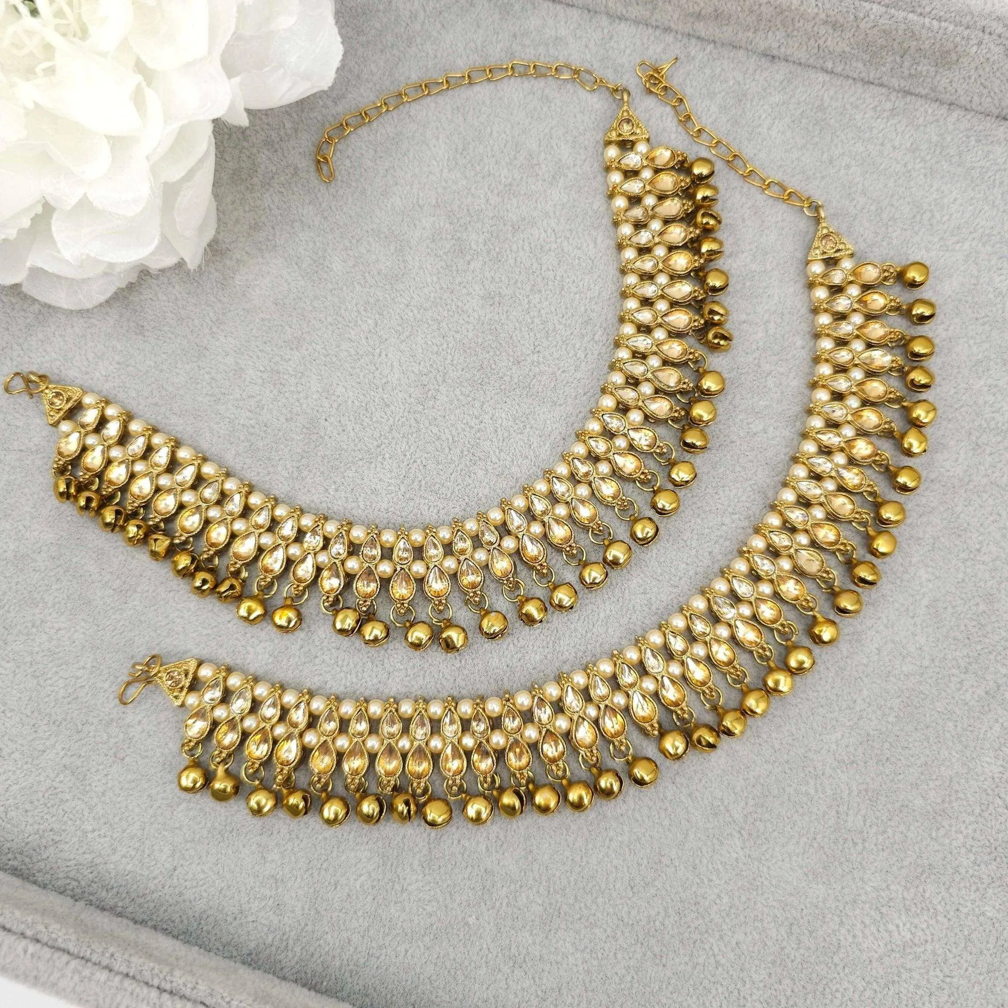 Antique Gold Polki with Bell detailed Payal