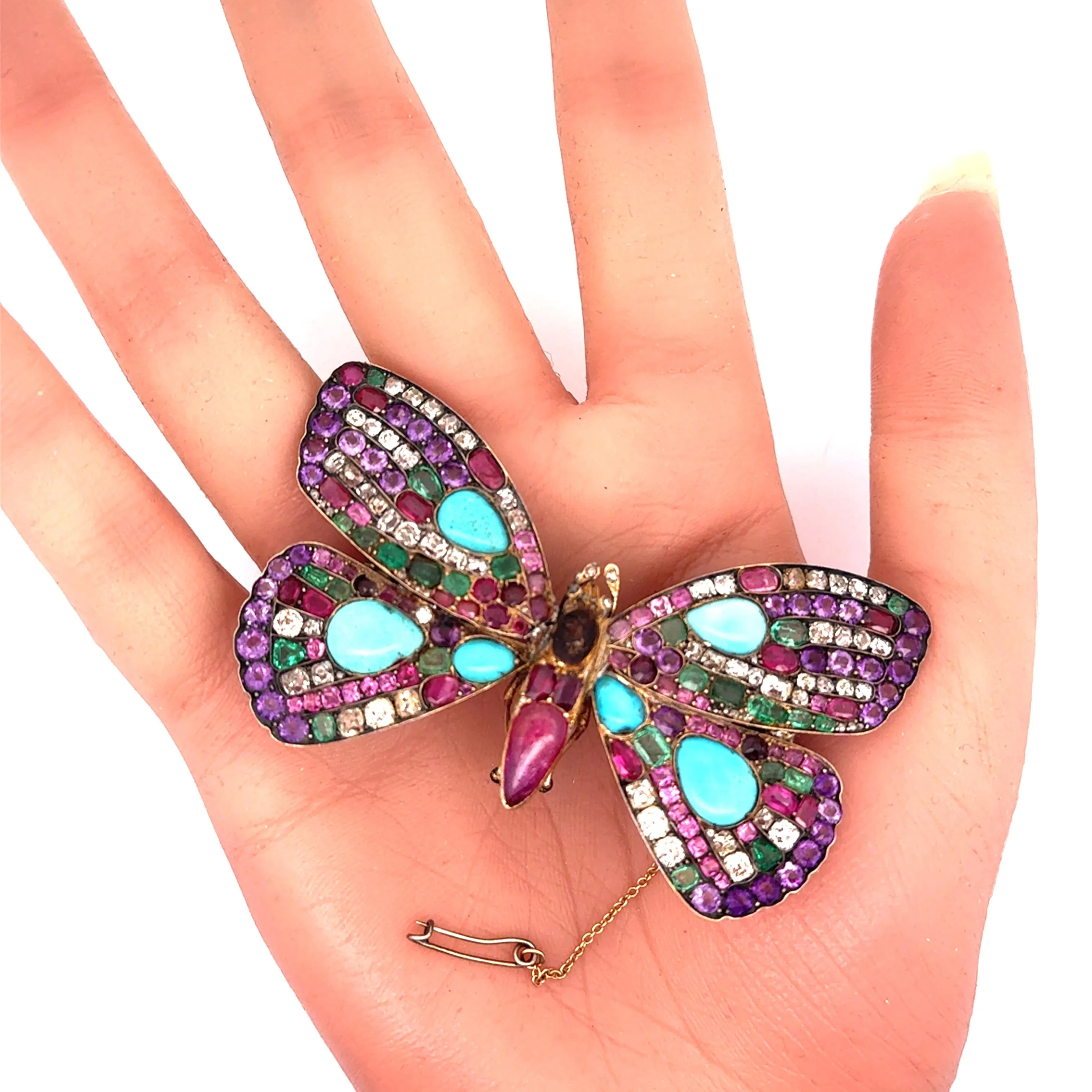 Antique Multi-colored Gemstones Diamond Silver-Topped 14k Yellow Gold Butterfly