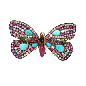 Antique Multi-colored Gemstones Diamond Silver-Topped 14k Yellow Gold Butterfly