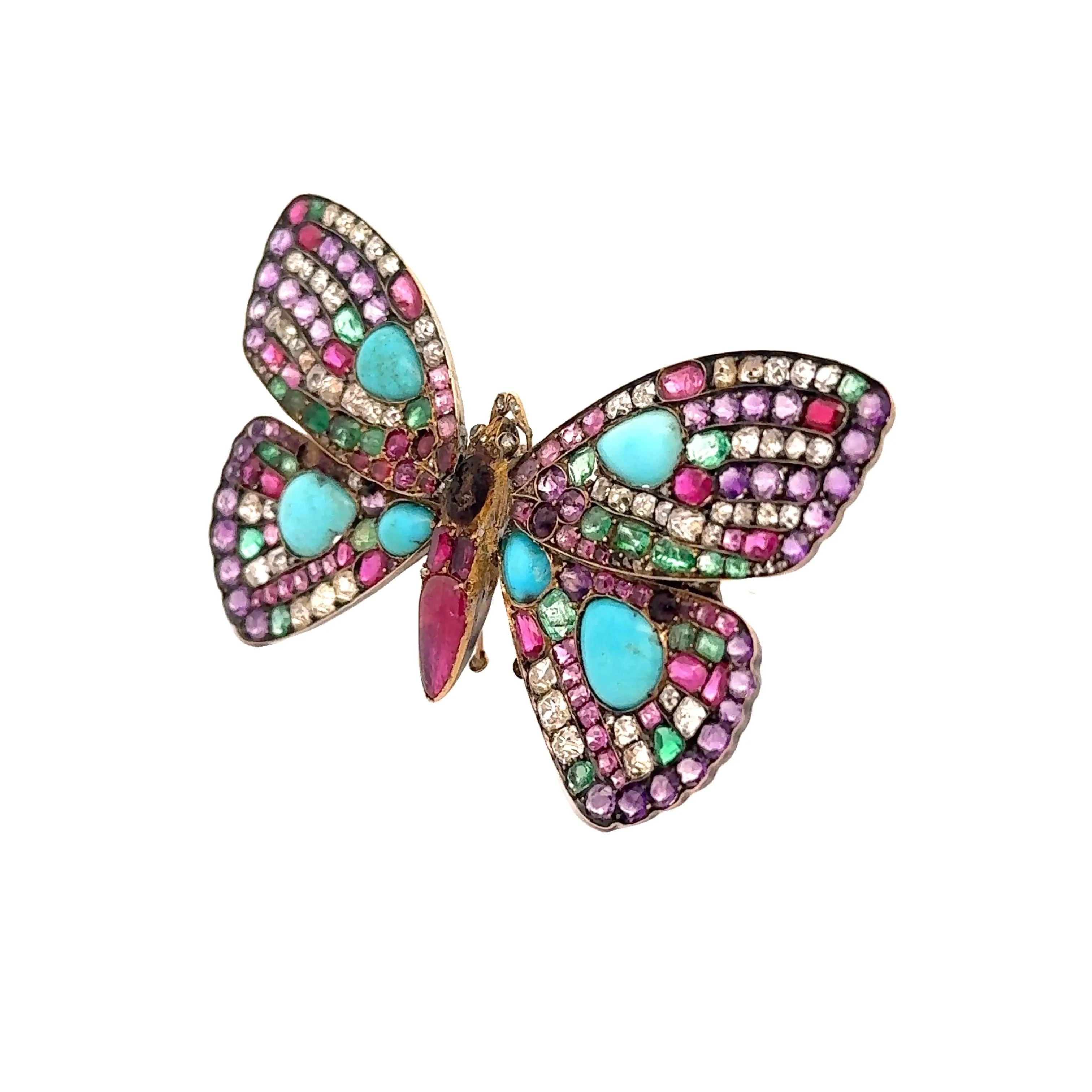 Antique Multi-colored Gemstones Diamond Silver-Topped 14k Yellow Gold Butterfly