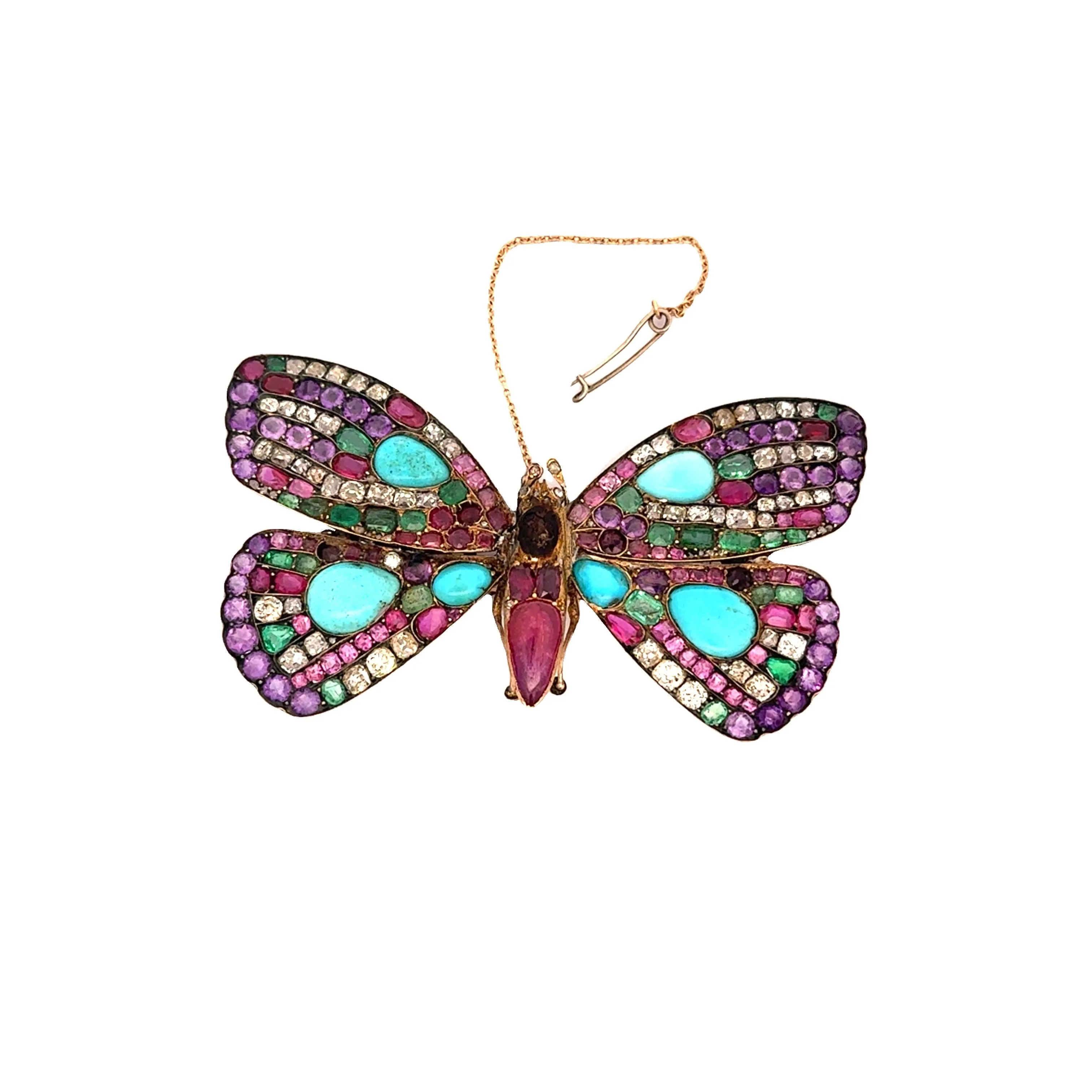 Antique Multi-colored Gemstones Diamond Silver-Topped 14k Yellow Gold Butterfly